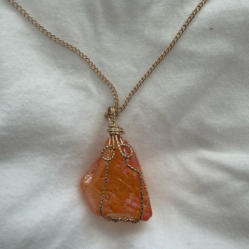 Gold Wire-Wrapped Orange Crystal Pendant Necklace